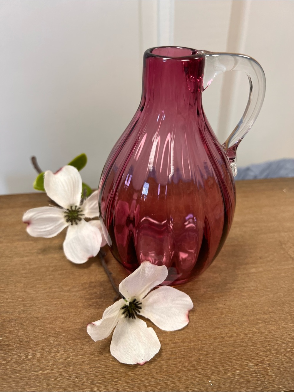Handblown Plum Glass Pitcher with Clear Handle - Unbranded